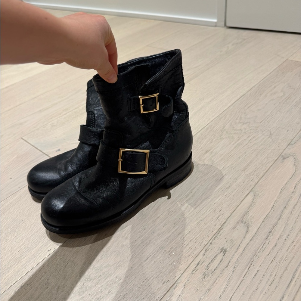 Jimmy Choo Black Leather Buckle Moto Ankle Boots